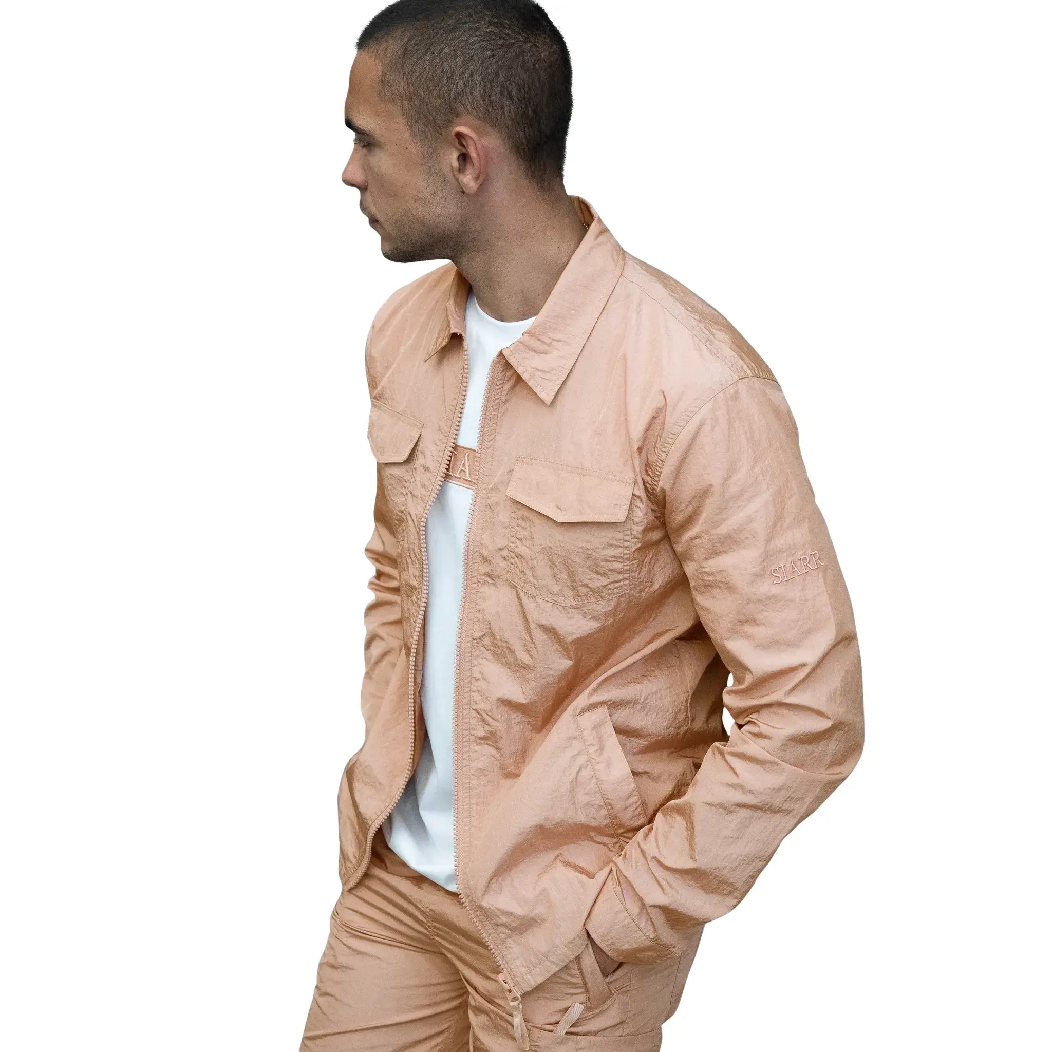 Model side view of SIARR Crinkle Pink Overshirt